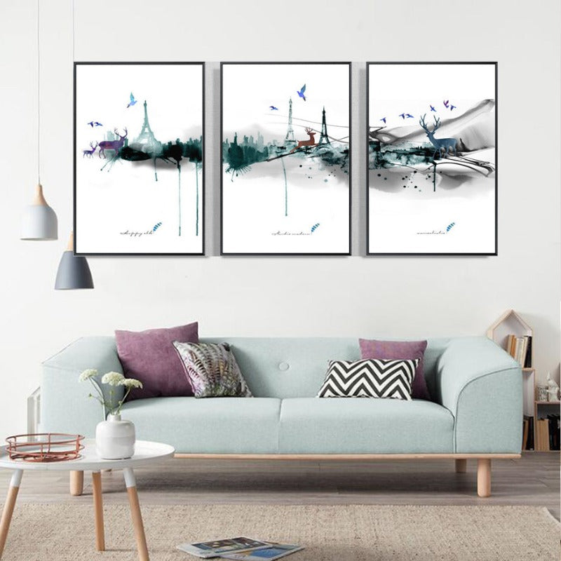 Abstract Paris Eiffel Tower Deer - Lerret Veggkunst Maleri | Skanto