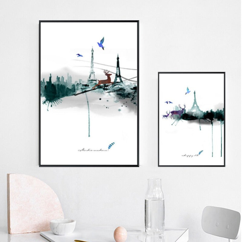 Abstract Paris Eiffel Tower Deer - Lerret Veggkunst Maleri | Skanto