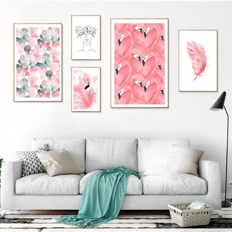 Vakre Rosa Flamingo Fjær - Lerret Veggkunst Maleri | Skanto