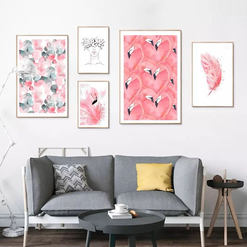 Vakre Rosa Flamingo Fjær - Lerret Veggkunst Maleri | Skanto