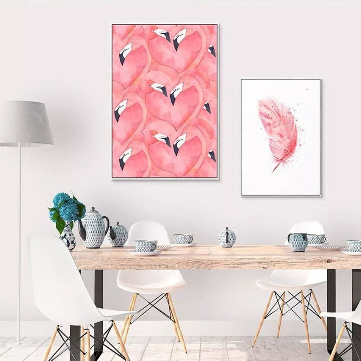Vakre Rosa Flamingo Fjær - Lerret Veggkunst Maleri | Skanto
