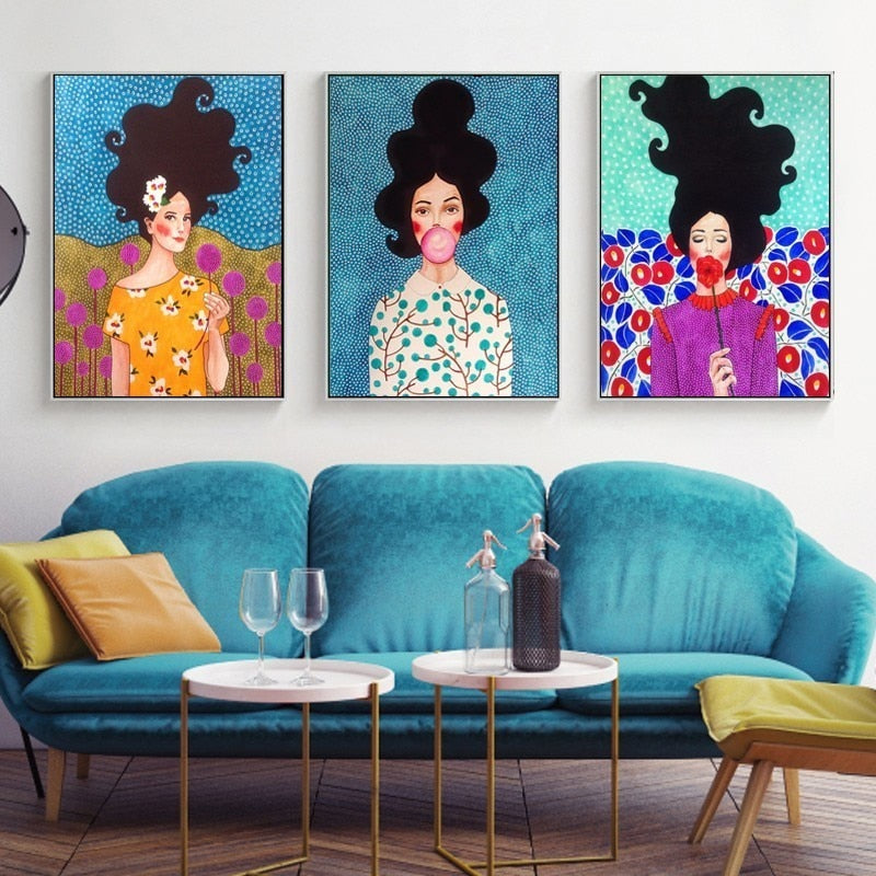 Fashion Flower Girl - Lerret Veggkunst Maleri