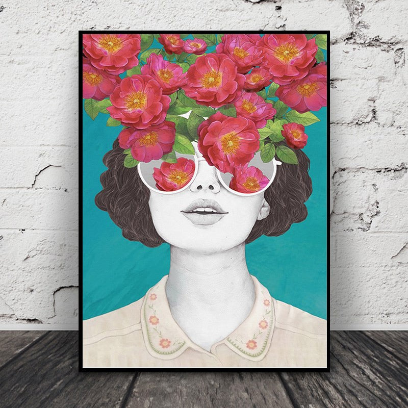 Fashion Figure Floral Girl - Lerret Veggkunst Maleri