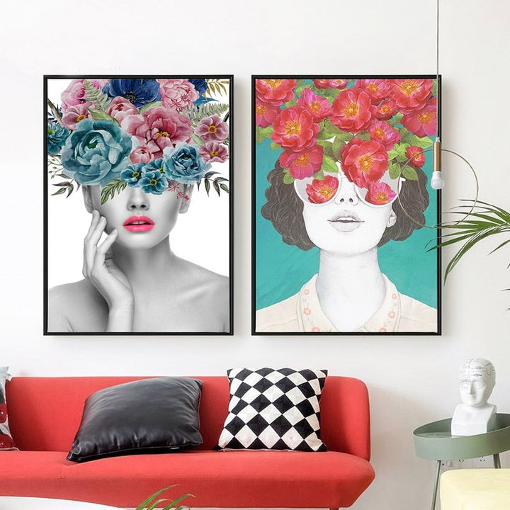 Fashion Figure Floral Girl - Lerret Veggkunst Maleri