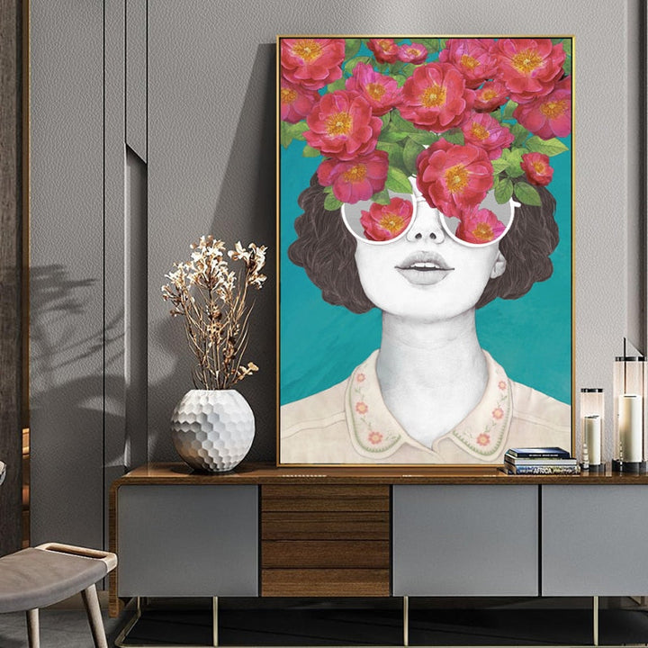 Fashion Figure Floral Girl - Lerret Veggkunst Maleri