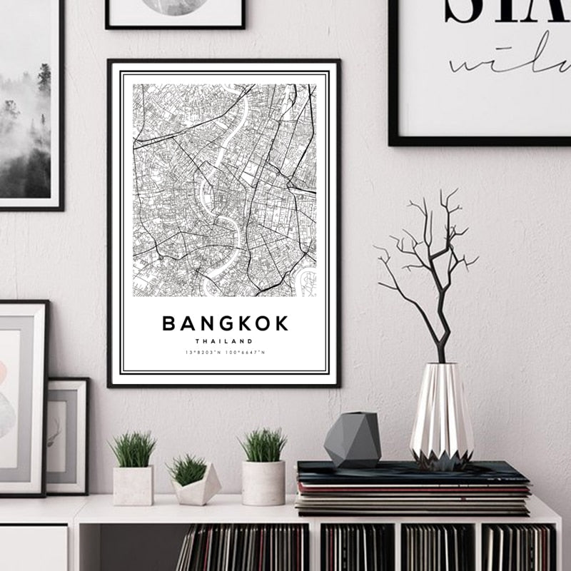 Svart og hvit Bangkok by - lerret veggkunst maleri | Skanto