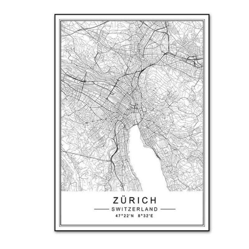 Minimalistisk by LISBOA ZÜRICH kart reise - lerret veggkunst maleri