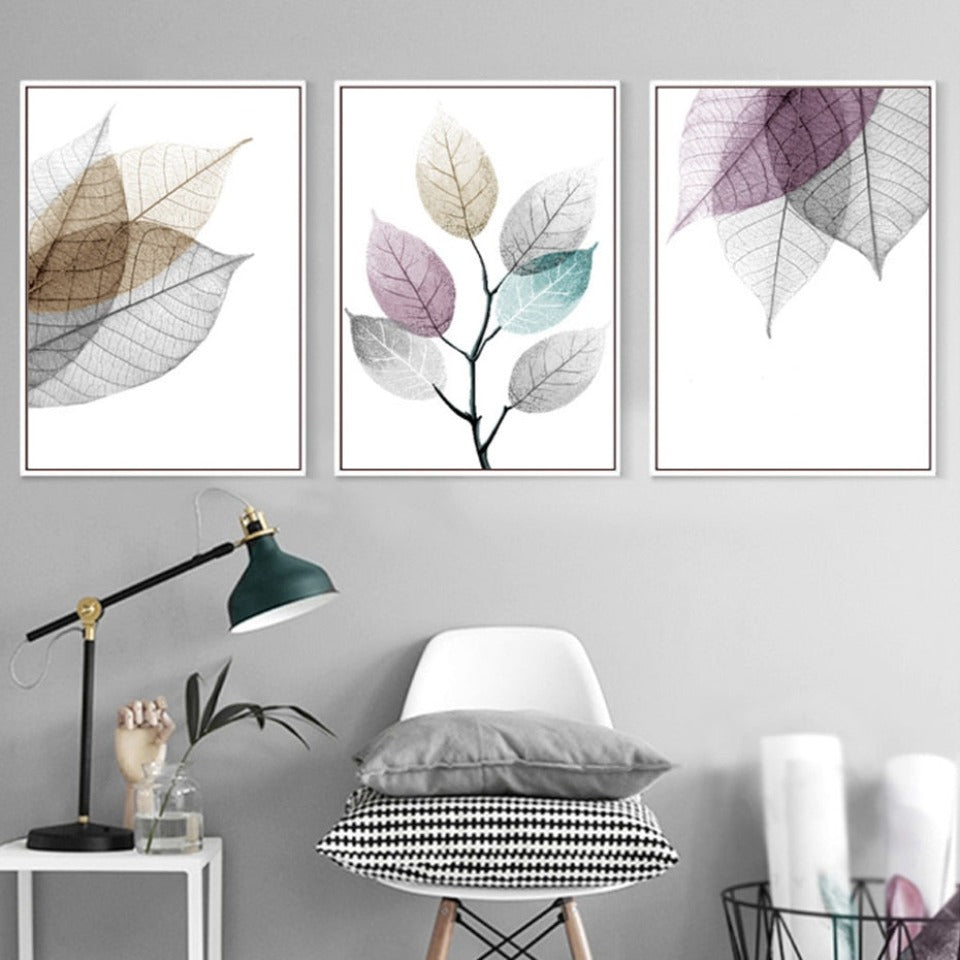 Skandinavisk abstrakt transparent blad veggkunst på lerret