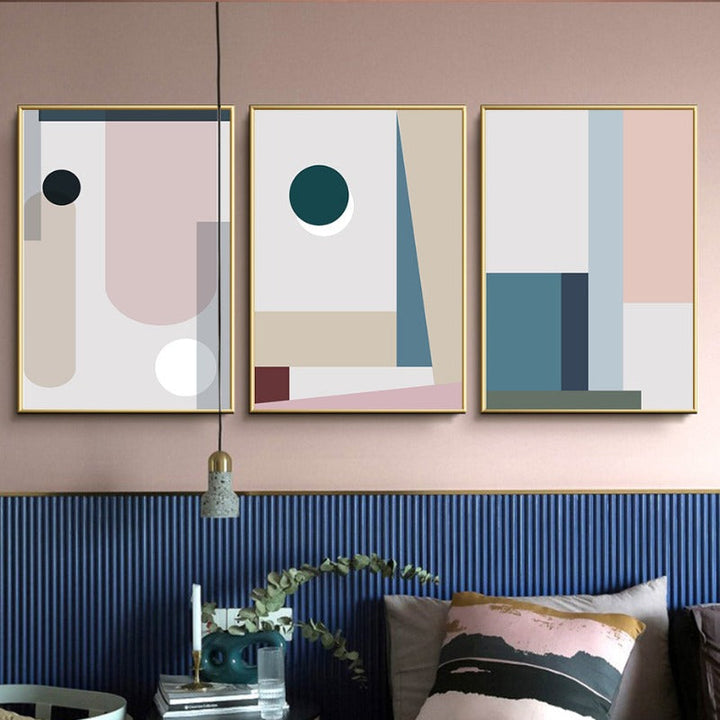 Minimalistisk Abstrakt Geometrisk Pink Blå - Lerret Veggkunst Maleri