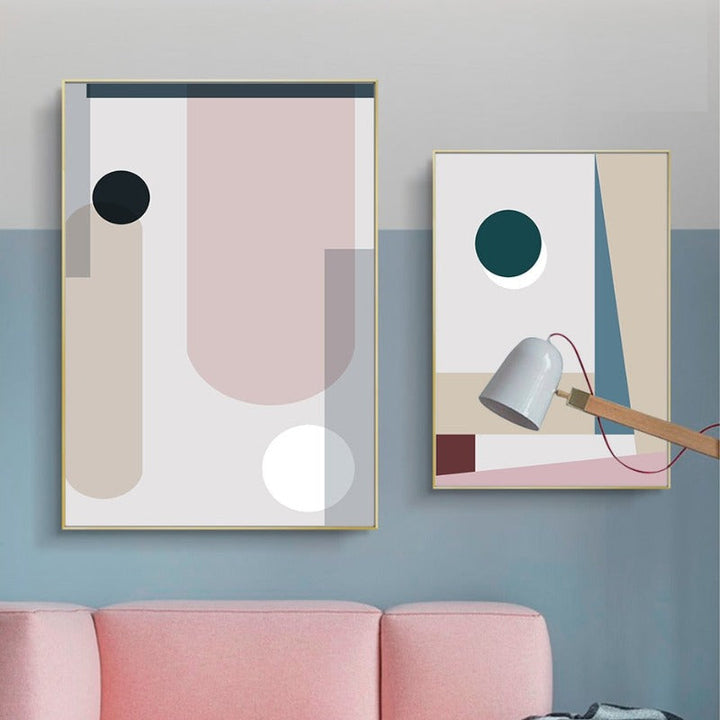 Minimalistisk Abstrakt Geometrisk Pink Blå - Lerret Veggkunst Maleri