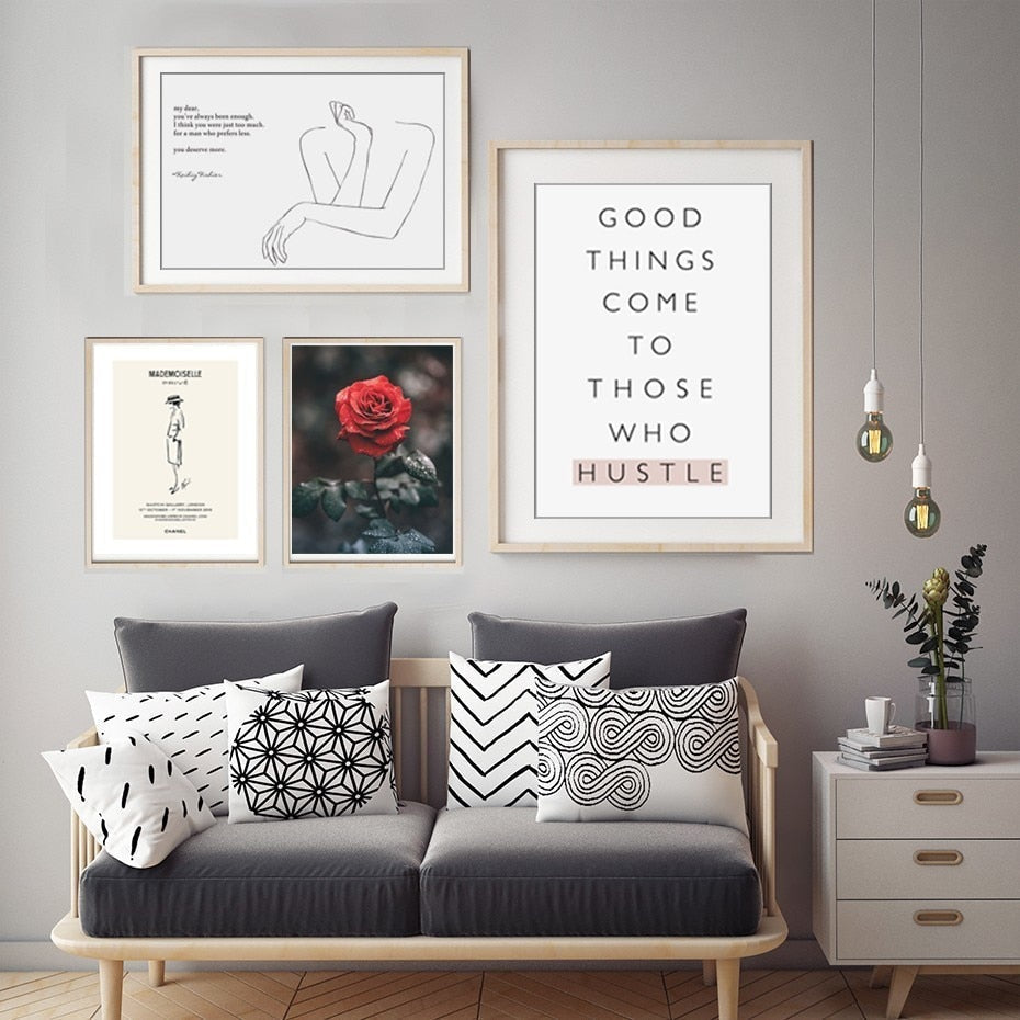 Skandinaviske plakater, rosemotiver, livssitat, minimalistisk – lerretbilde