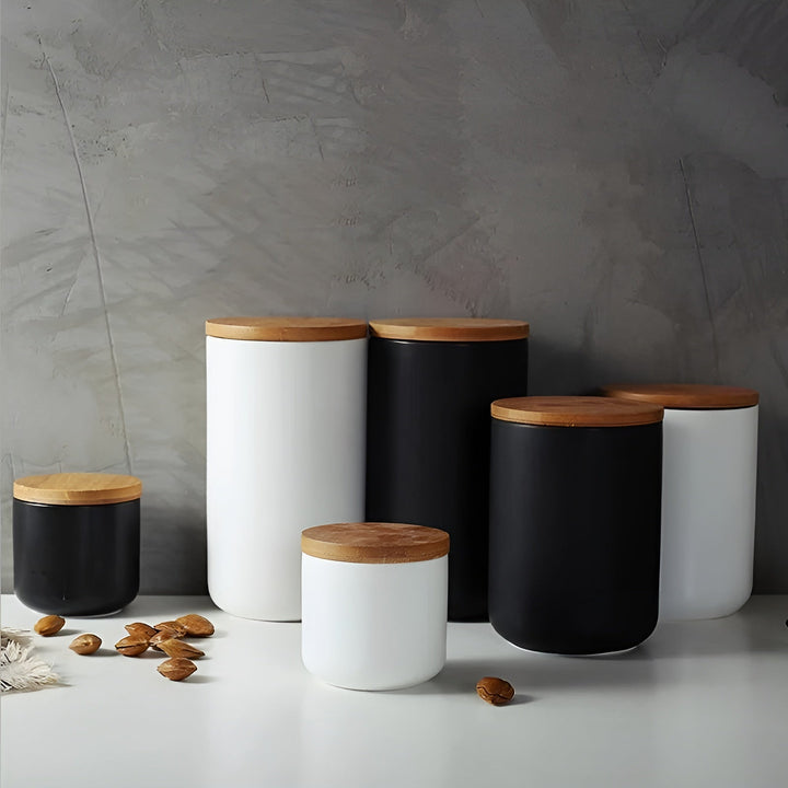 Keramisk oppbevaringsbeholder med bamb lokk – Naturlig design | Frisk oppbevaring for hjemmet | Skanto