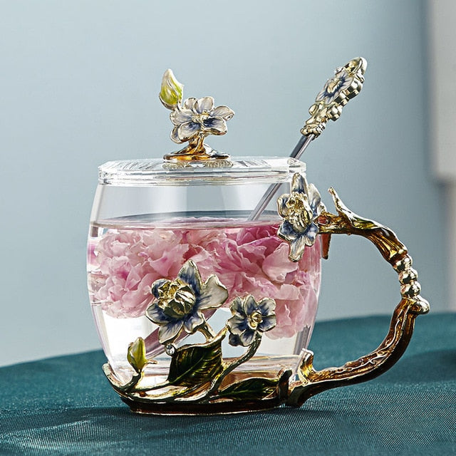 Skanto | Håndlagd emalje blomster glasskrus for par kjærlighetsgave kan servere kaffe, smaksatt te eller til og med sitronsaft i