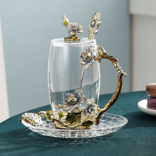 Skanto | Håndlagd emalje blomster glasskrus for par kjærlighetsgave kan servere kaffe, smaksatt te eller til og med sitronsaft i