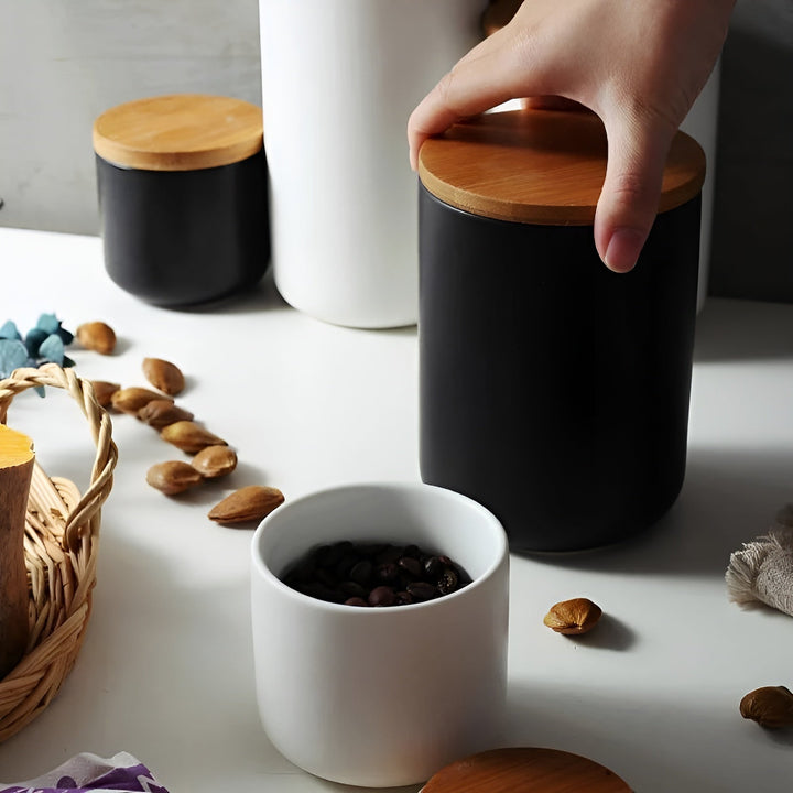 Keramisk oppbevaringsbeholder med bambuslokk – Naturlig design | Frisk oppbevaring til hjemmet