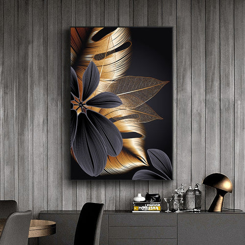 Luxus Svart Gylden Blad Veggkunst Fin Kunst Lerret Trykk Moderne Abstrakt Tropisk Botanisk Høyverdig Bilde For Stue Loft Leilighet Hjem Kontor Dekor | Skanto