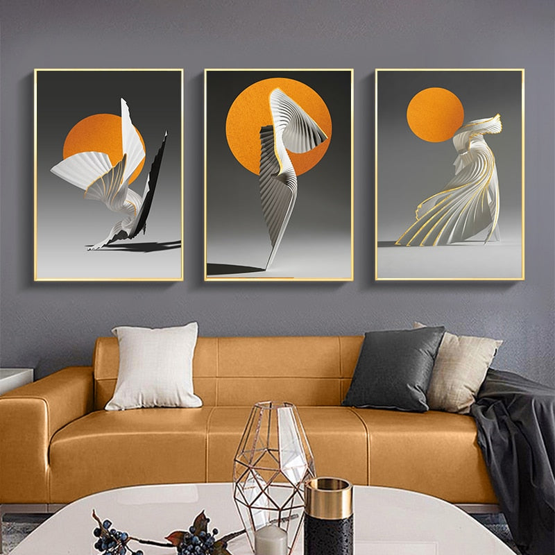Kreativt abstrakt maleri med oransje sol – lerretsbilde