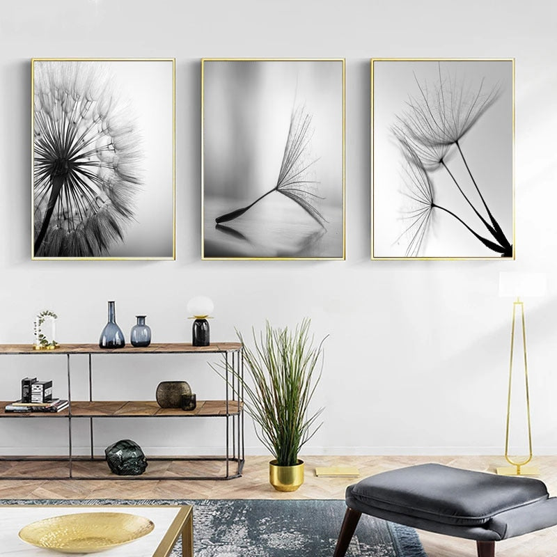 Svart og hvit løvetannblomst - lerret veggkunstmaleri | Skanto
