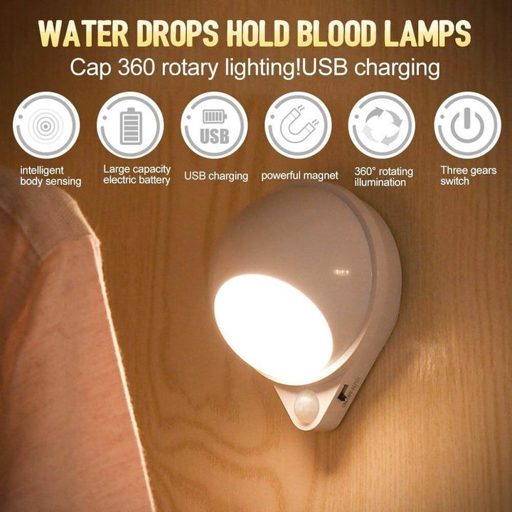 360 Grad Roterende Vanndråpe Kroppssensor Oppladbar Lampe | Skanto