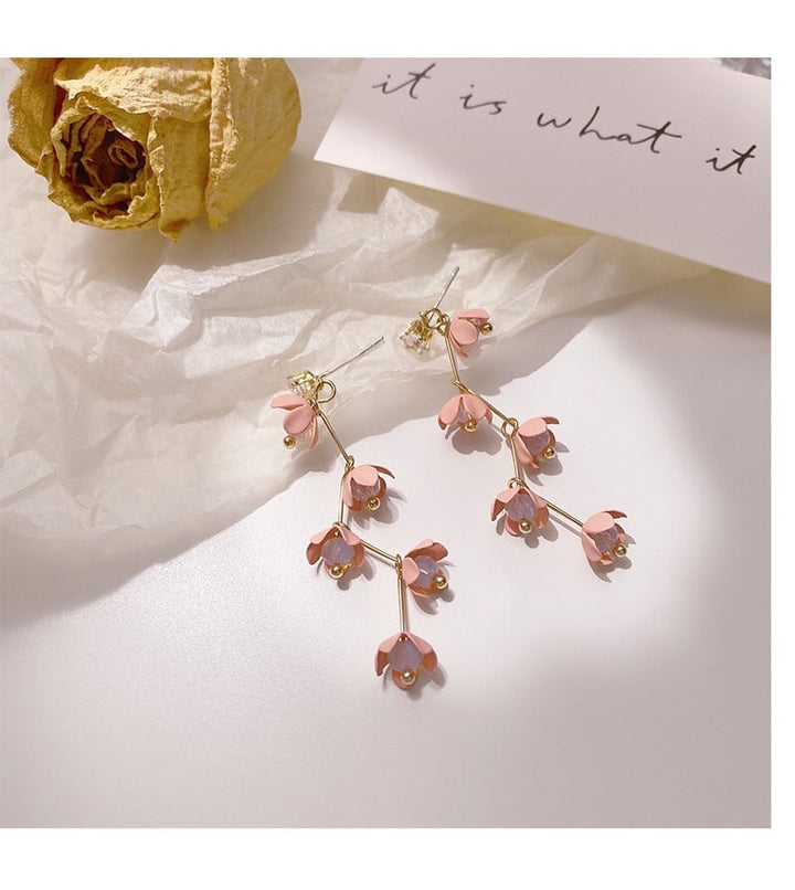 Skanto | Lange rhinestone krystall rosa sakura blomst med zircon klips øredobber