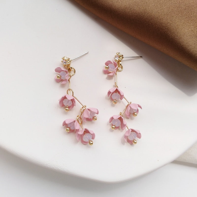 Skanto | Lange rhinestone krystall rosa sakura blomst med zircon klips øredobber