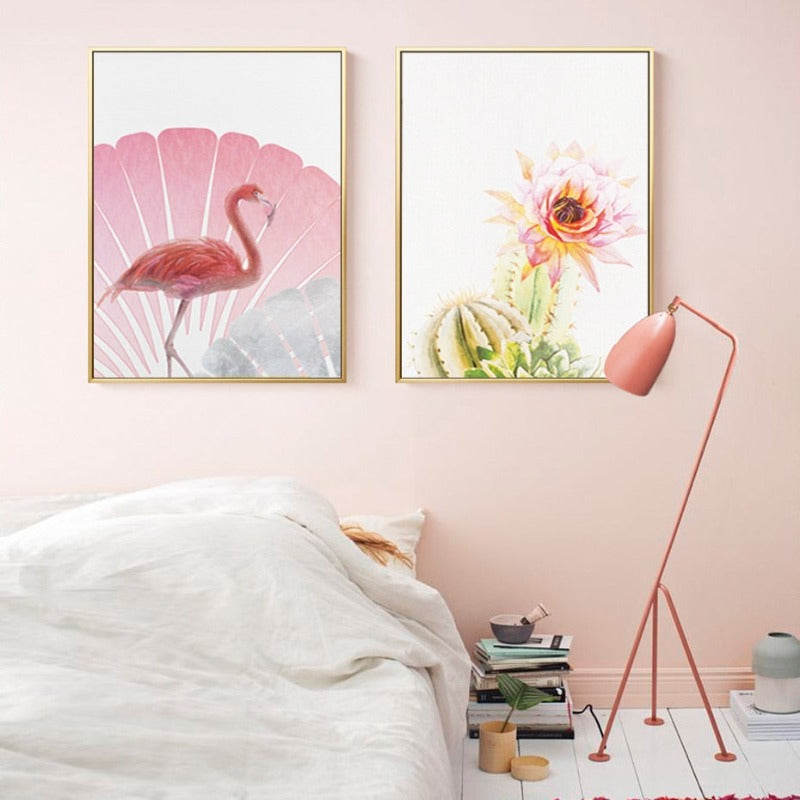 Pink Flamingo Flowers Jente - Lerret Veggkunst Maleri