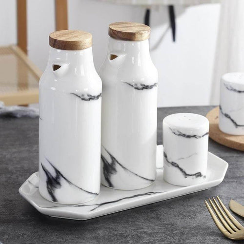 Keramisk salt- og pepper- olje flaskesett | Skanto