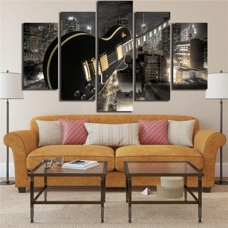 Gitarre og by - lerret veggkunst maleri