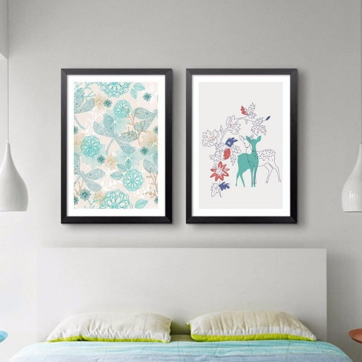 Nordiske hjort, fugler, blomster – Natur – lerretbilde