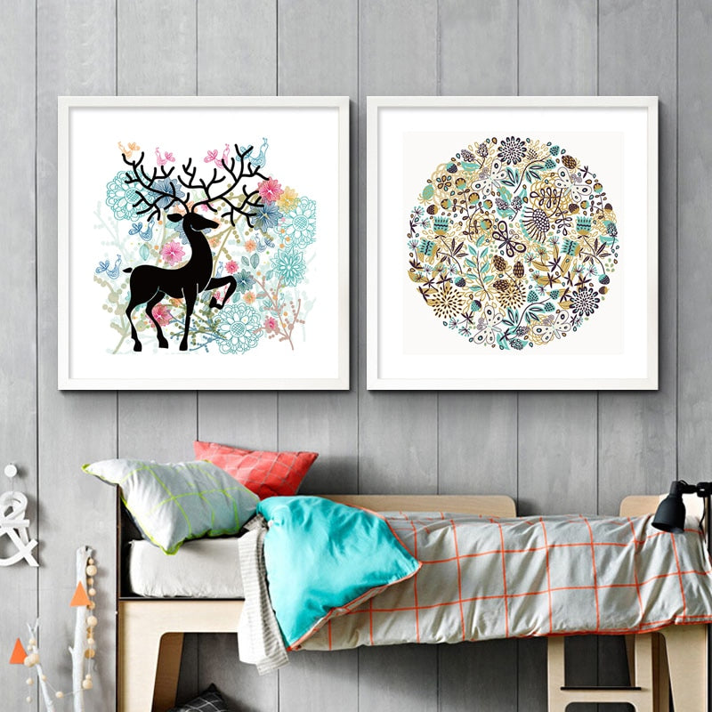 Nordiske hjort, fugler, blomster – Natur – lerretbilde