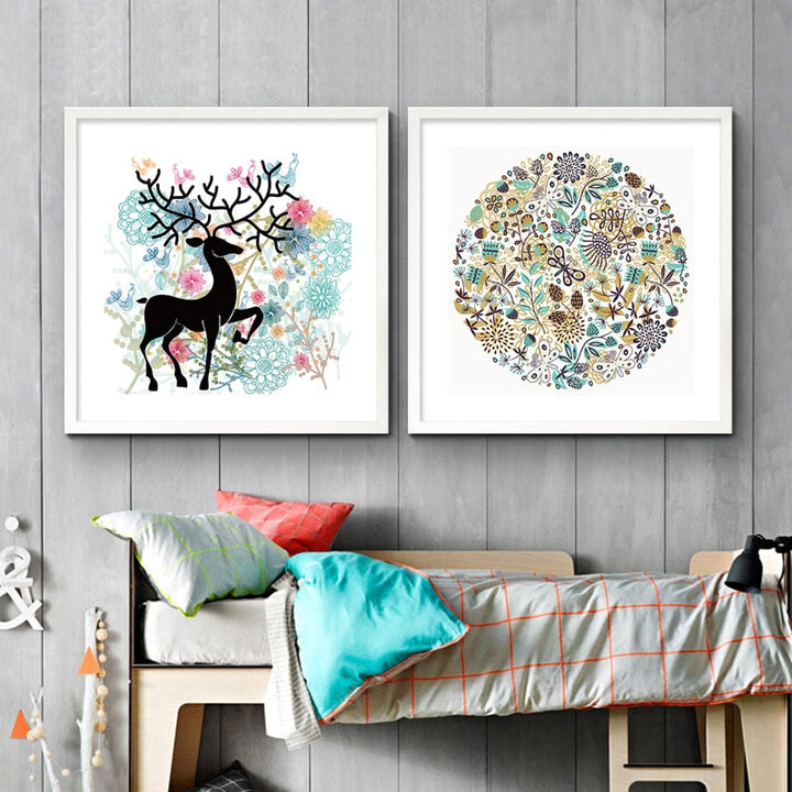 Nordiske hjort, fugler, blomster – Natur – lerretbilde