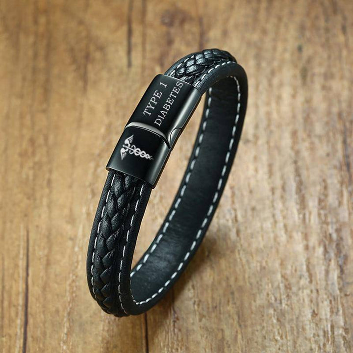 Skanto | Herre Diabetiker medisinsk alarm-ID-armbånd - Sydd svart skinn - For type 1 og type 2 diabetes
