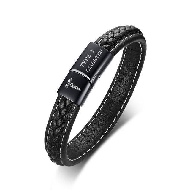 Skanto | Herre Diabetiker medisinsk alarm-ID-armbånd - Sydd svart skinn - For type 1 og type 2 diabetes