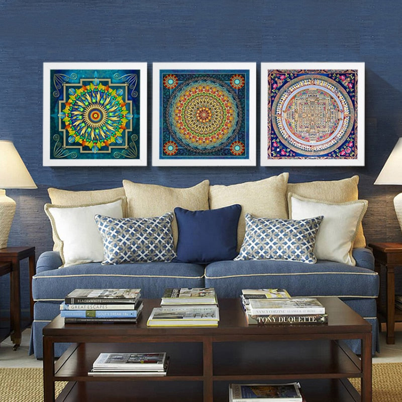 Mandala Ornament Thangka Yoga - Lærredsveggkunst Maleri