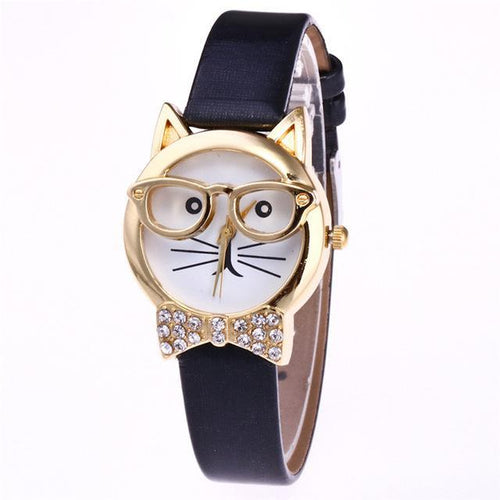 Skanto | Attraktive Funky Briller Katt Med Pyntede Steiner Og Ekte Lær Armbånd Kvinner Klokke