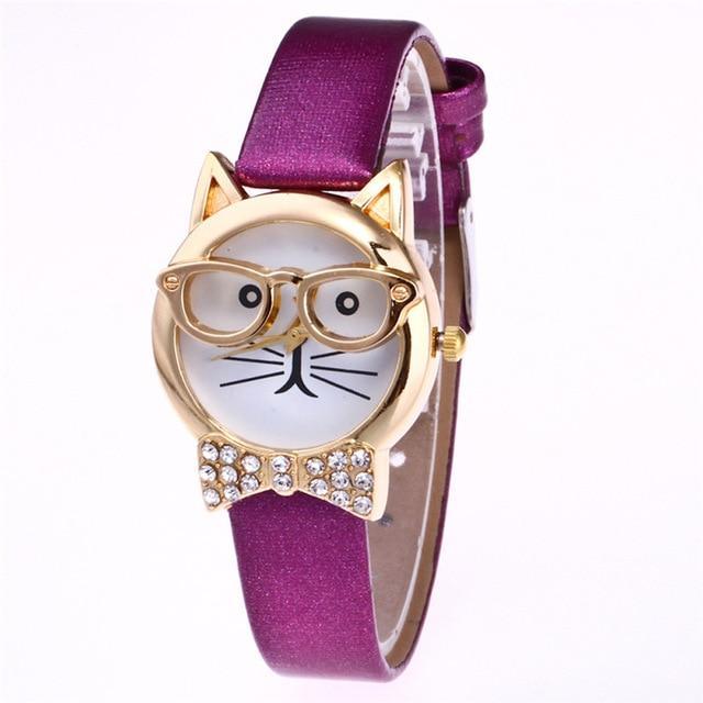Skanto | Attraktive Funky Briller Katt Med Pyntede Steiner Og Ekte Lær Armbånd Kvinner Klokke