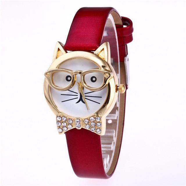 Skanto | Attraktive Funky Briller Katt Med Pyntede Steiner Og Ekte Lær Armbånd Kvinner Klokke