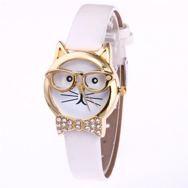 Skanto | Attraktive Funky Briller Katt Med Pyntede Steiner Og Ekte Lær Armbånd Kvinner Klokke