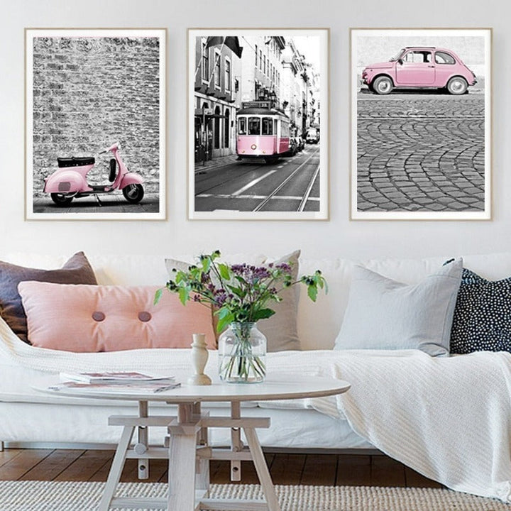 Bylandskap Rosa Bil-Canvas Veggkunst Maling | Skanto