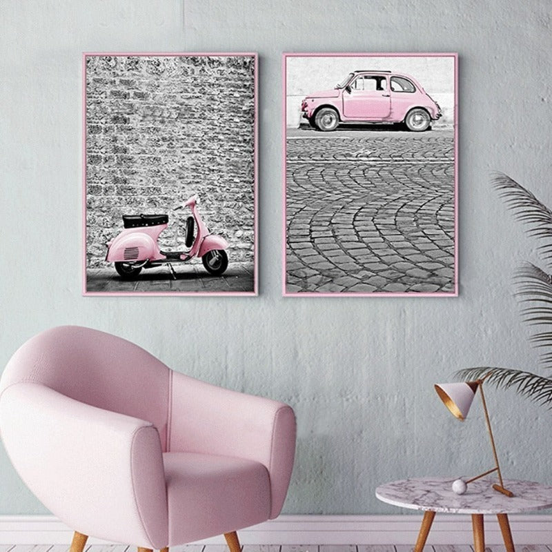 Bylandskap Rosa Bil-Canvas Veggkunst Maling | Skanto