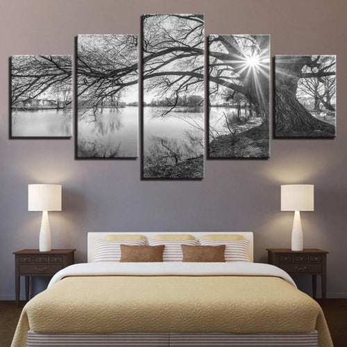 Lakeside Big Trees - Lerret Veggkunst Maleri