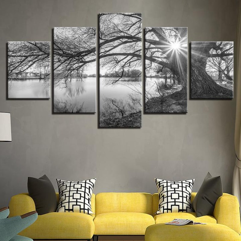 Lakeside Big Trees - Lerret Veggkunst Maleri