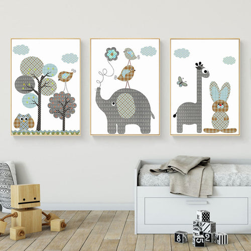 Cartoon Giraffe Rabbit Elephant Animals - Lerret Veggkunst Maleri | Skanto