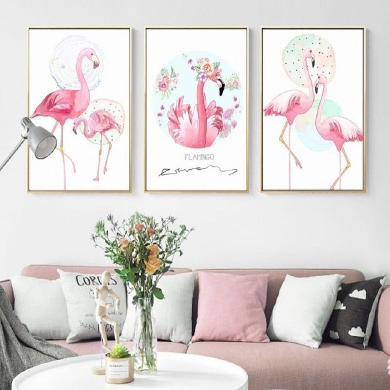 Pink Flamingo Dyr Blomster Plakat - Lerret Veggkunst Maleri