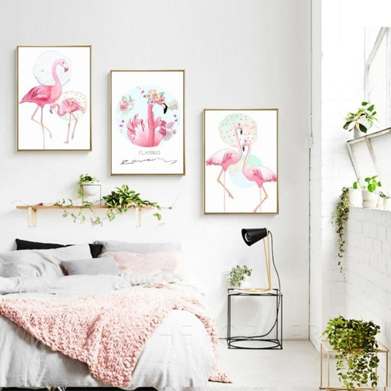 Pink Flamingo Dyr Blomster Plakat - Lerret Veggkunst Maleri