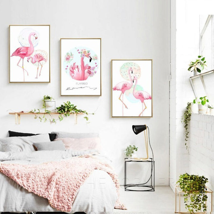 Pink Flamingo Dyr Blomster Plakat - Lerret Veggkunst Maleri