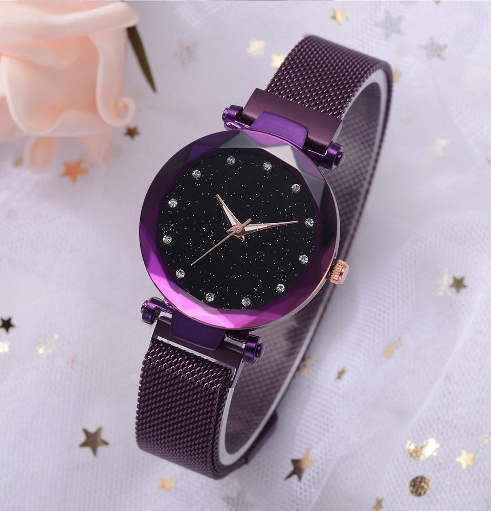 Skanto | Fasjonabel Unik Mesh Magnet Spenne Eksotisk Stjernespekket Diamant Designer Luksus Dameklokke