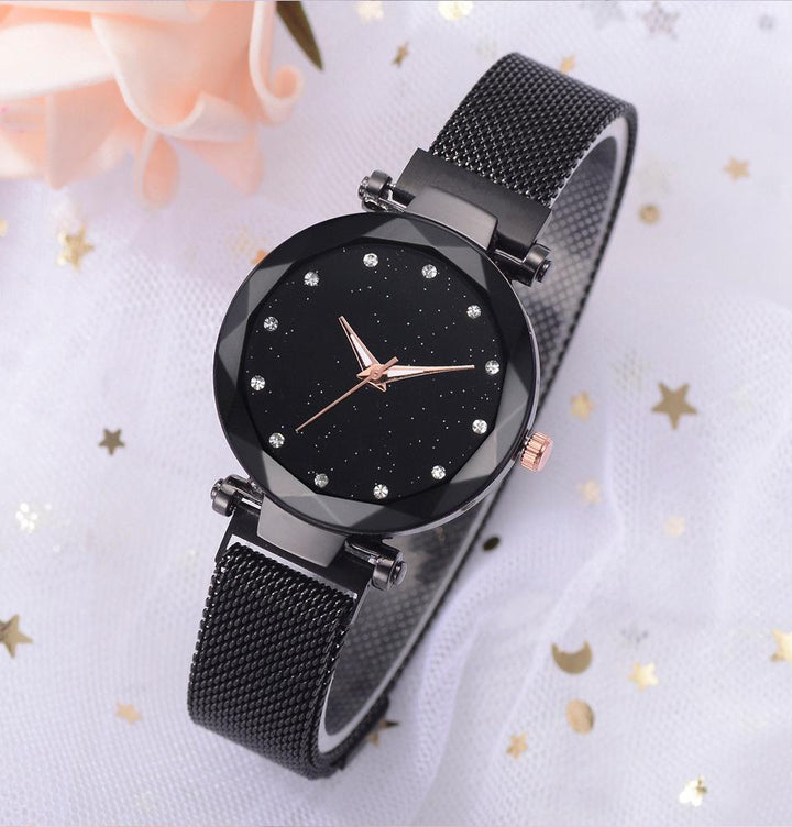Skanto | Fasjonabel Unik Mesh Magnet Spenne Eksotisk Stjernespekket Diamant Designer Luksus Dameklokke
