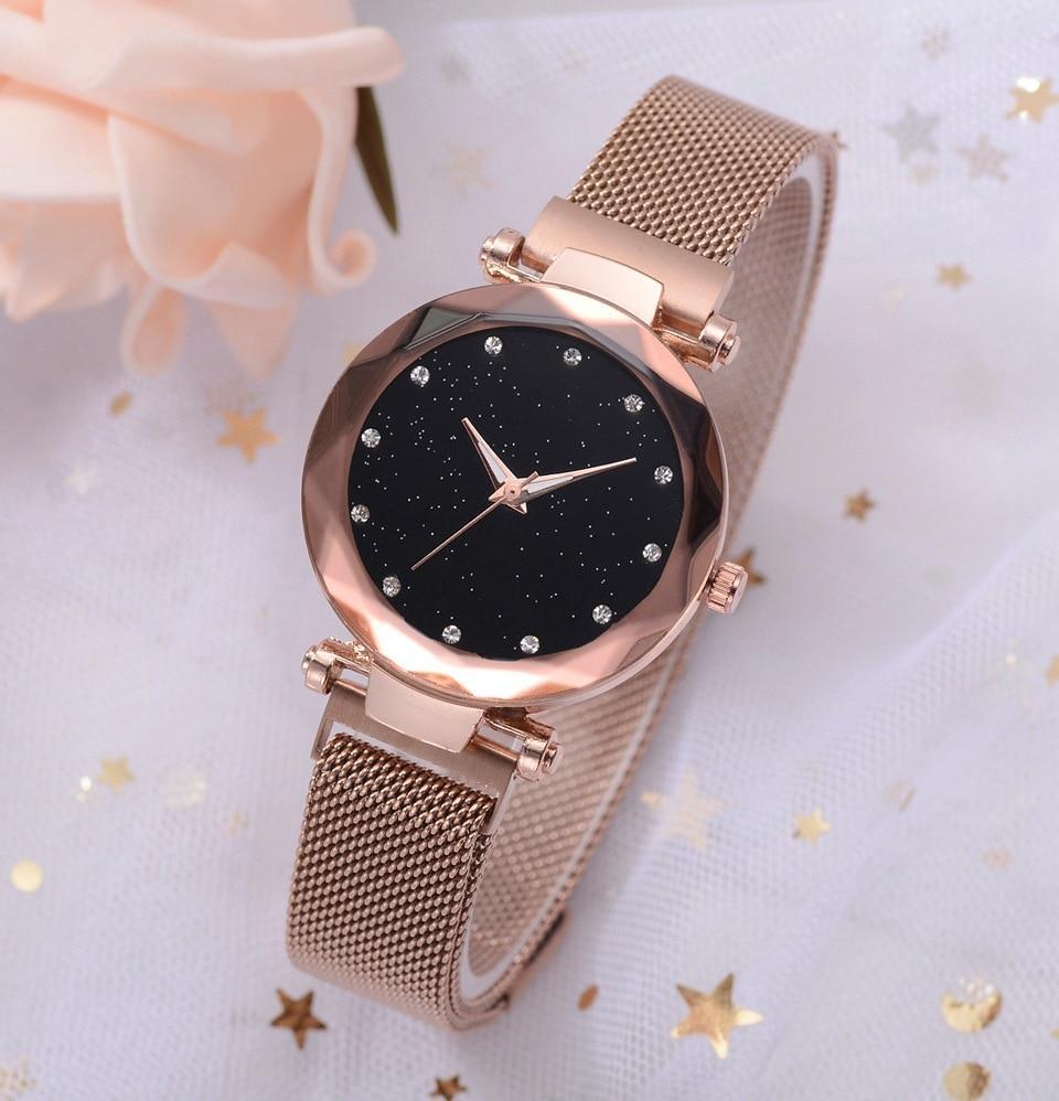 Skanto | Fasjonabel Unik Mesh Magnet Spenne Eksotisk Stjernespekket Diamant Designer Luksus Dameklokke