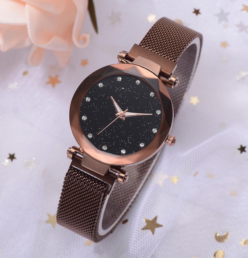 Skanto | Fasjonabel Unik Mesh Magnet Spenne Eksotisk Stjernespekket Diamant Designer Luksus Dameklokke